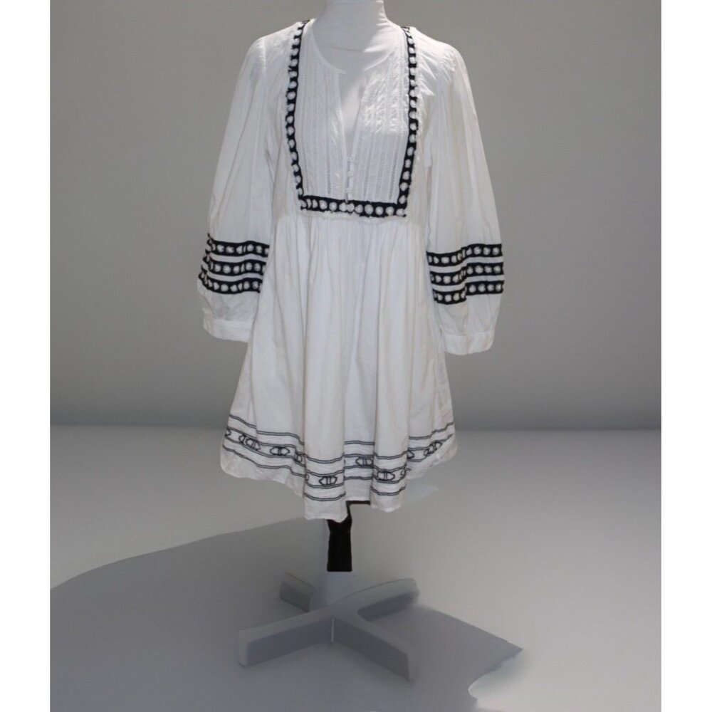 Sea New York Embroidered Puffy 3/4 Sleeve Relaxed Flowy Dress White Blue Boho 10